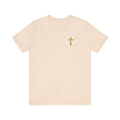 Gold Orthodox Cross ICXC NIKA  (Small Design) | White Medieval Ornate Floral Pattern | Jesus Christ Conquers | Christian Unisex Tee