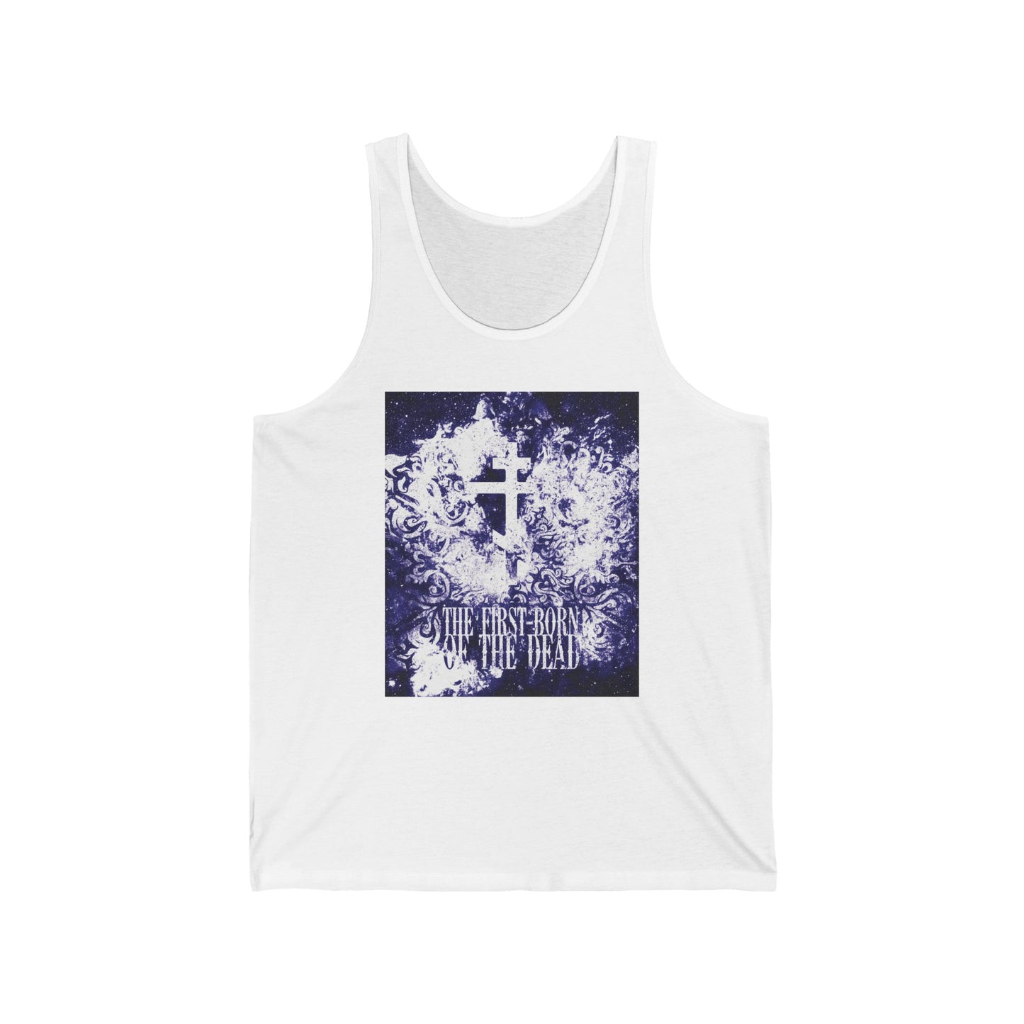 White tank top featuring a glowing white and blue textured cosmic Orthodox cross and the phrase "The First-Born of the Dead," inspired by Christ’s resurrection and apocalypse.