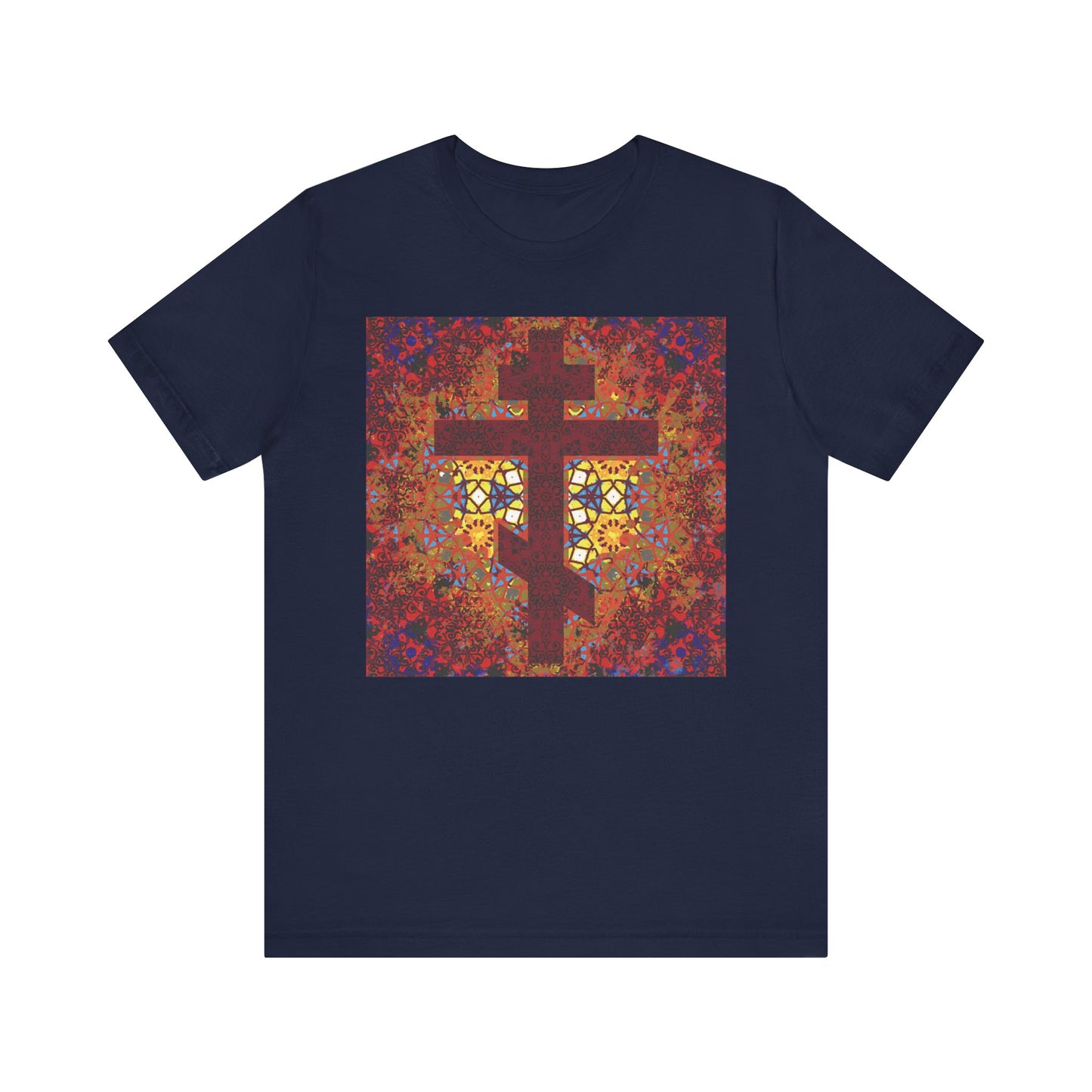Navy Geometrical Pattern Stained Glass Orthodox Cross Design Christian Lightweight Cotton Unisex T-Shirt, inspired by the wisdom of Elder Ambrose of Optina.