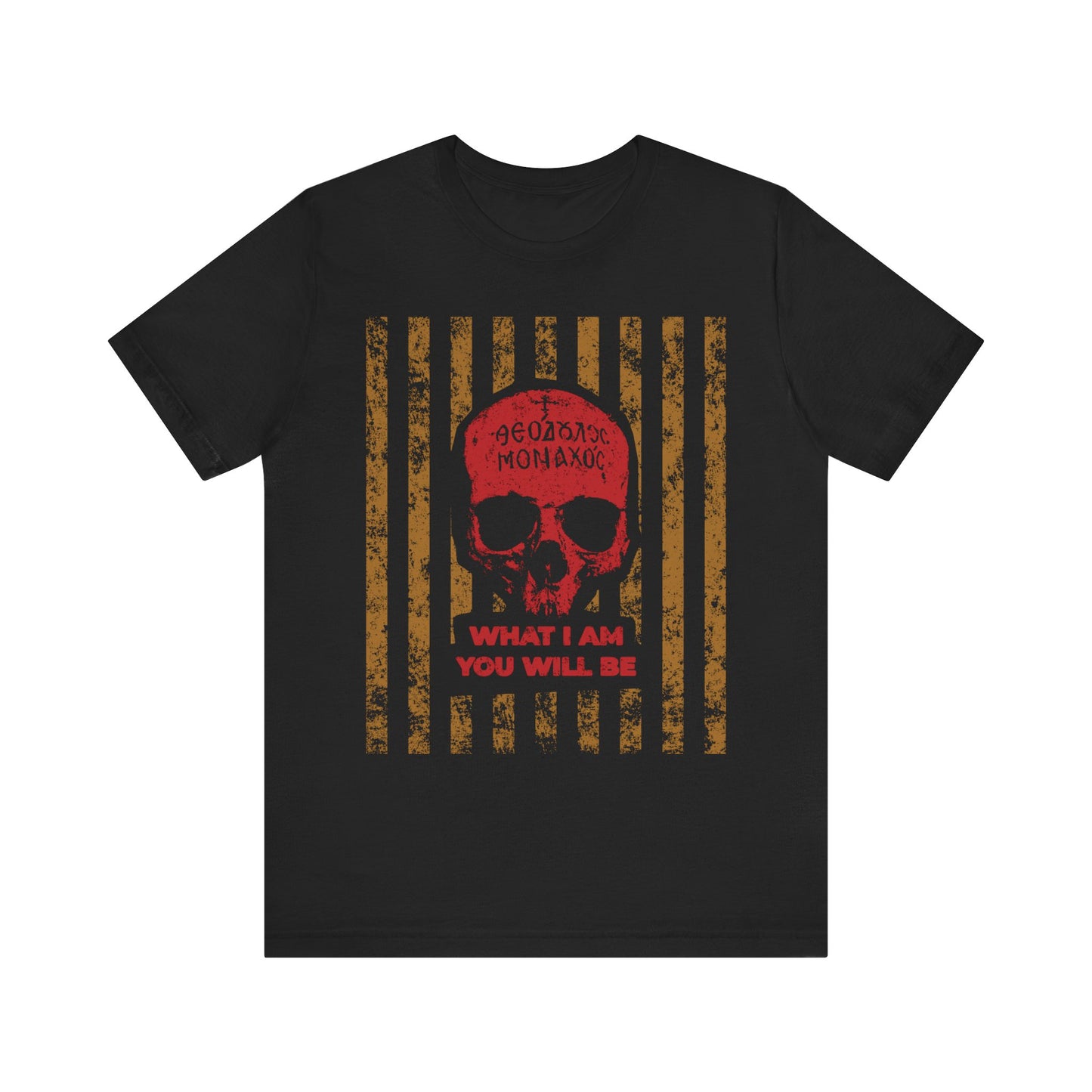 Black "What I Am You Will Be | Memento Mori" T-shirt—featuring a red Mt Athos monk skull, Greek text, and the phrase WHAT I AM YOU WILL BE over gold vertical stripes. This lightweight cotton unisex shirt evokes ascetic and spiritual death themes from St. Ignatius Brianchaninov’s teachings, reflecting the remembrance of death tradition.