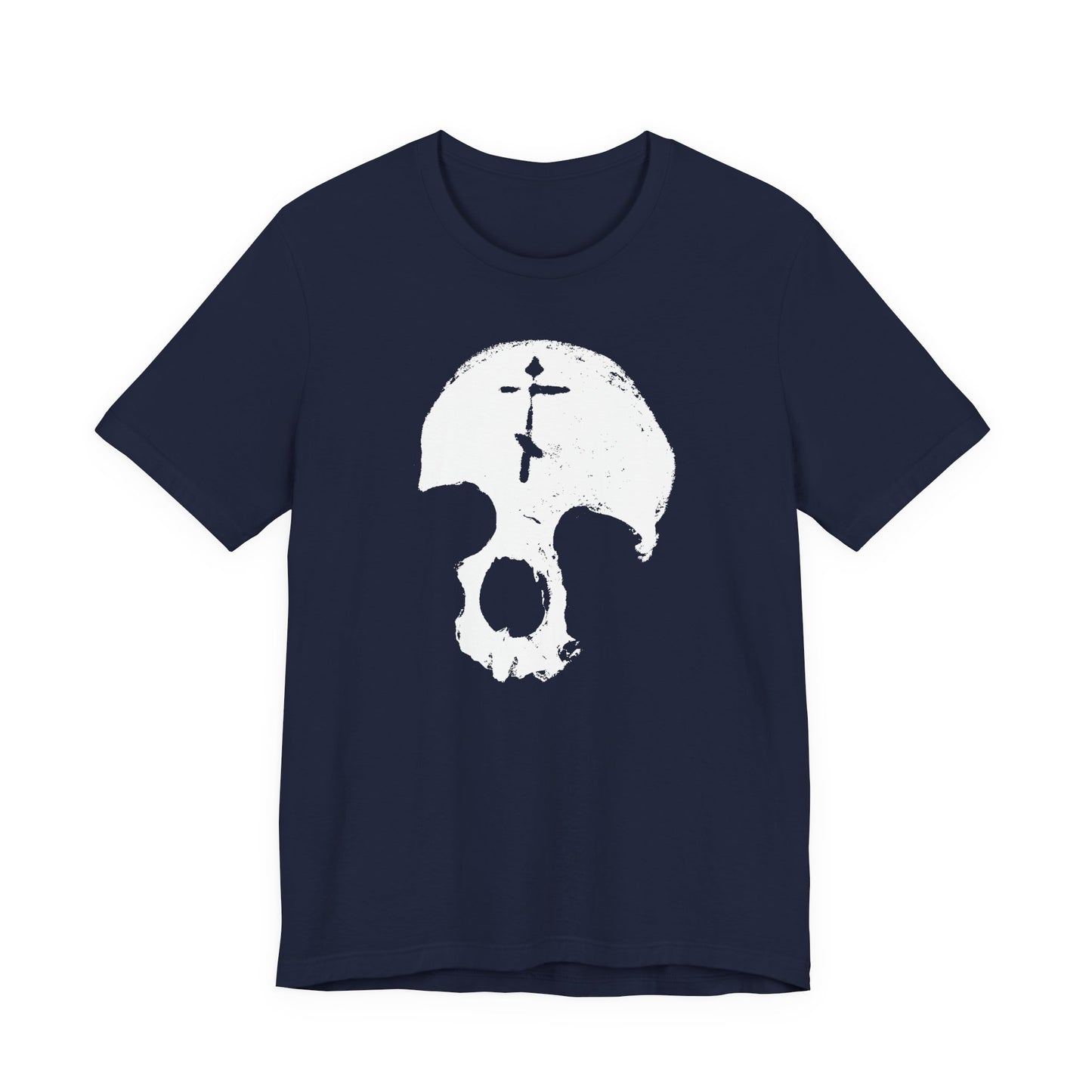 Navy unisex cotton tee featuring a minimalist white skull with Orthodox cross, inspired by "Memento Mori" and "All is Vanity" themes; gothic Christian design reminiscent of St. Ignatius Brianchaninov’s reflections on human glory.