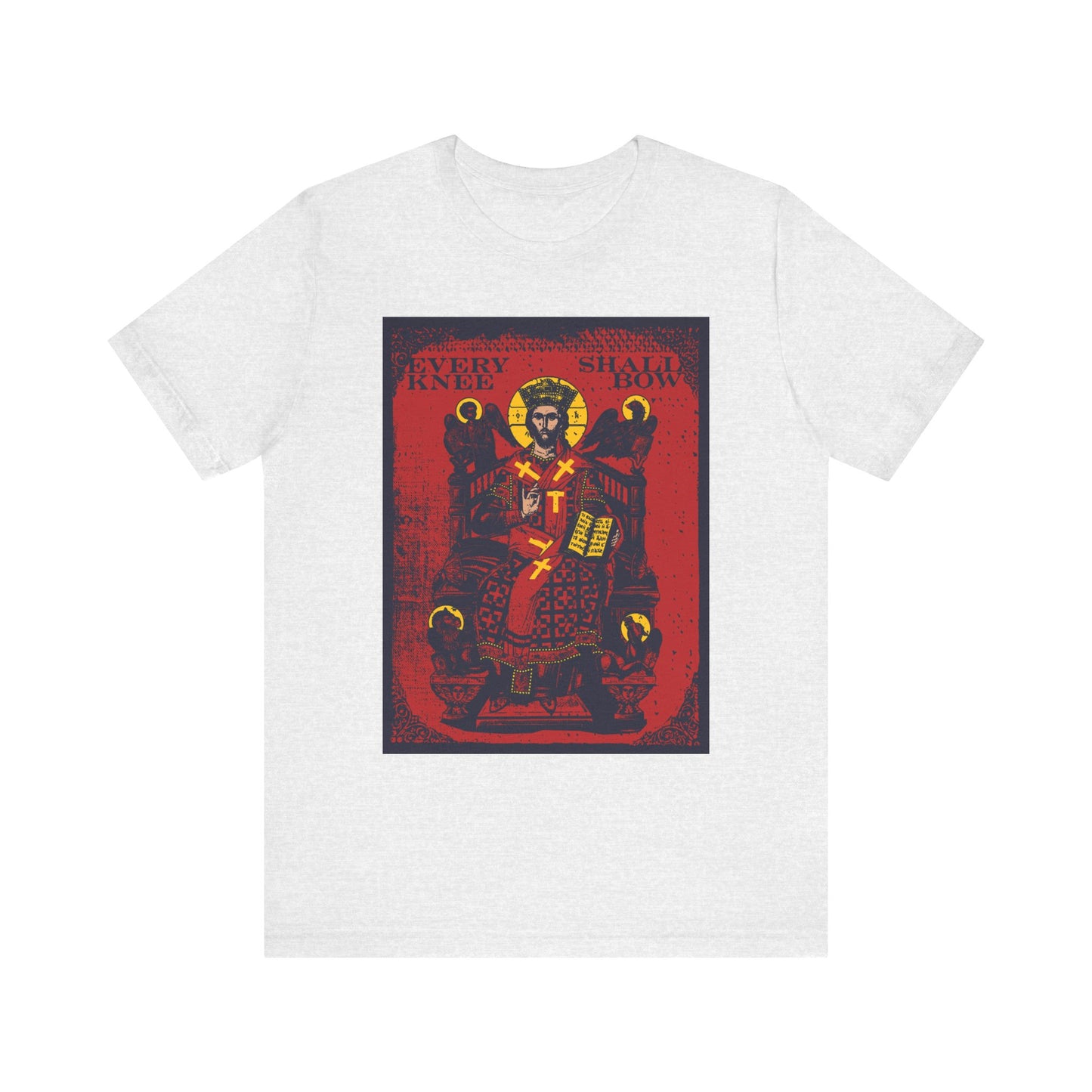Ash t-shirt features a Christ Enthroned IconoGraphic inspired by Isaiah 45:23 and Phil 2:8-11, with "Every Knee Shall Bow" text, ornate medieval armor art, and Ezekiel's Chariot motif. Lightweight cotton unisex style.