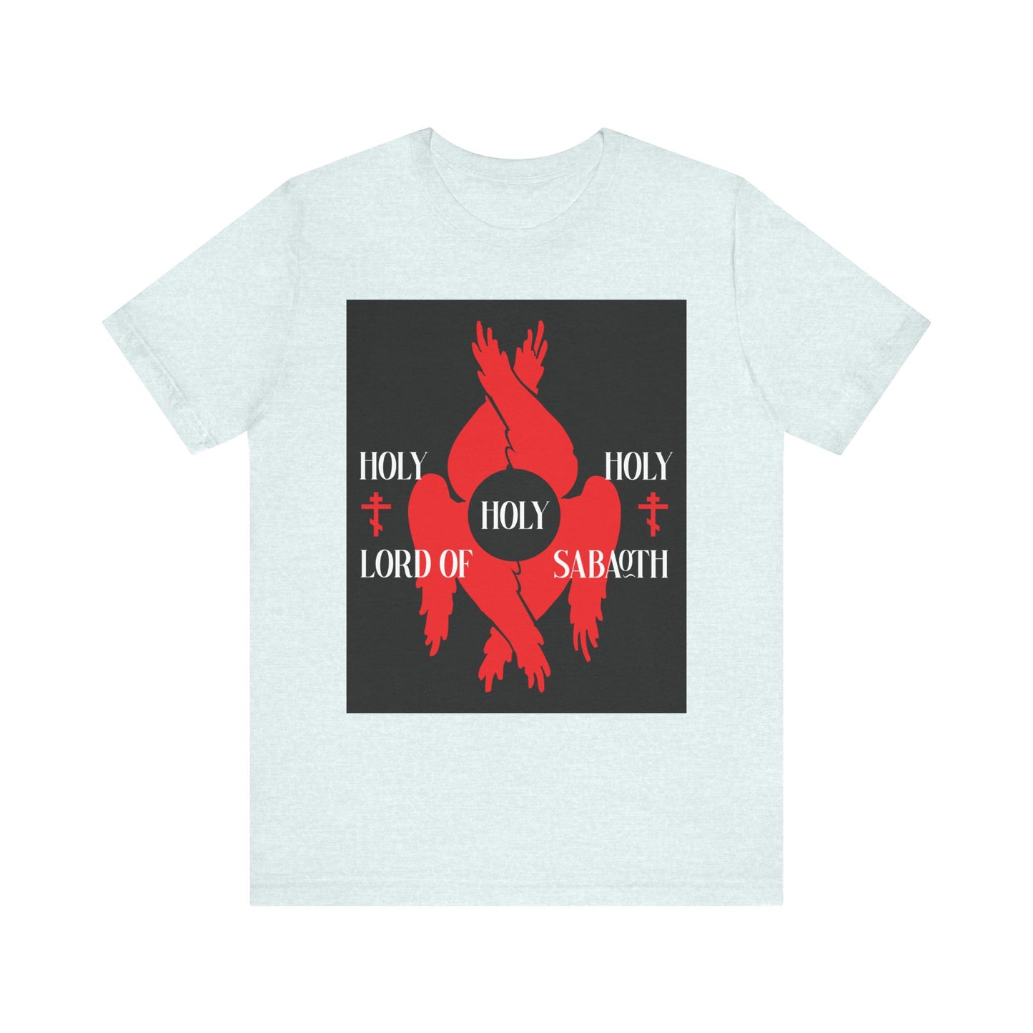 Heather Ice Blue unisex cotton T-shirt featuring red seraphim wings, Orthodox crosses, and “Holy, Holy, Holy Lord of Sabaoth” text inspired by Isaiah 6:3 from the Divine Council.
