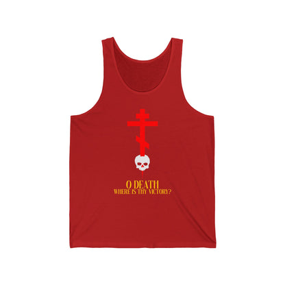 Red "O Death Where is Thy Victory?" Orthodox Christian tank top features a red cross above a white skull and yellow scripture text, inspired by 1 Corinthians 15:55.