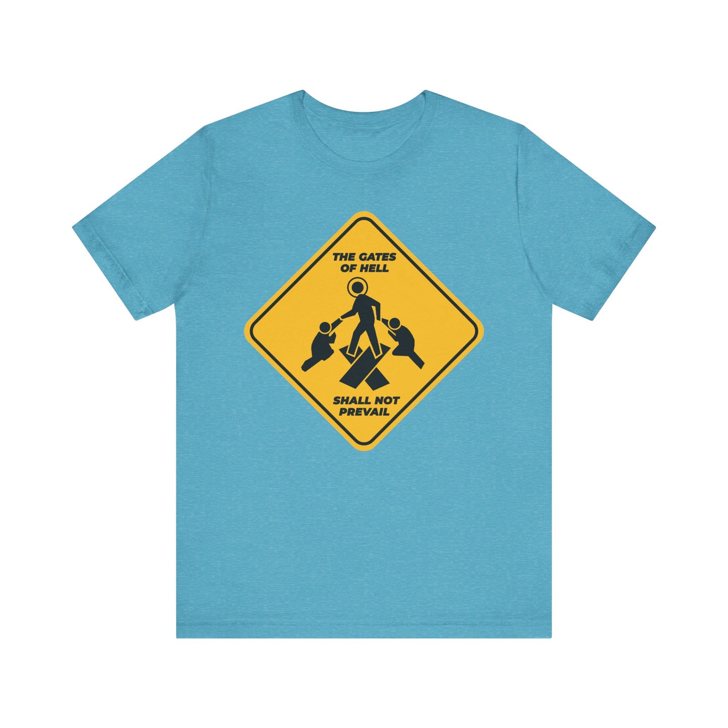 Heather Aqua unisex tee featuring a yellow street sign minimalist graphic—people pulling a figure—with the text "The Gates of Hell Shall Not Prevail." Inspired by Isaiah 45:2-3 and Pascha's "Trampling Down Death By Death." Lightweight cotton.