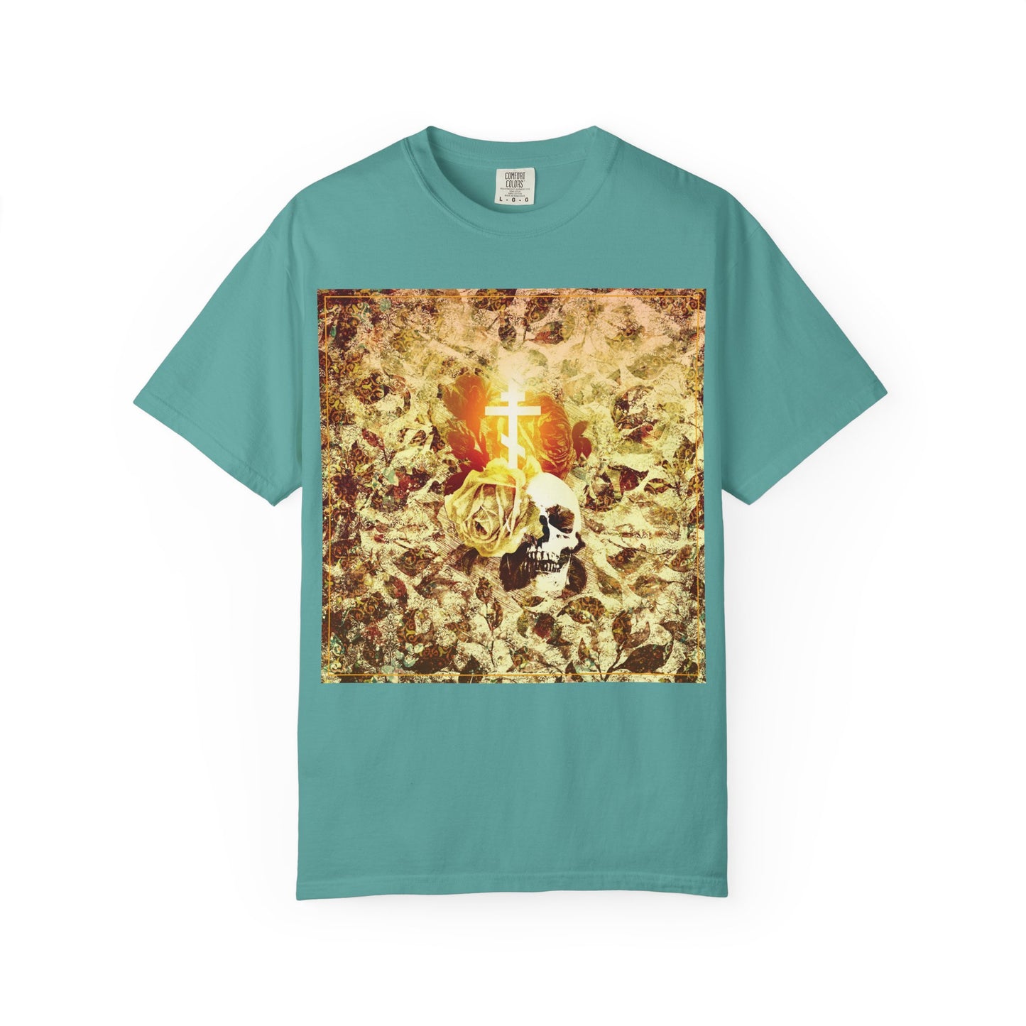Seafoam heavyweight cotton unisex tee featuring a glowing orthodox cross, gold roses, and skull graphic inspired by the Ezekiel prophecy of the valley of dry bones, with a floral texture and gothic Christian aesthetic.