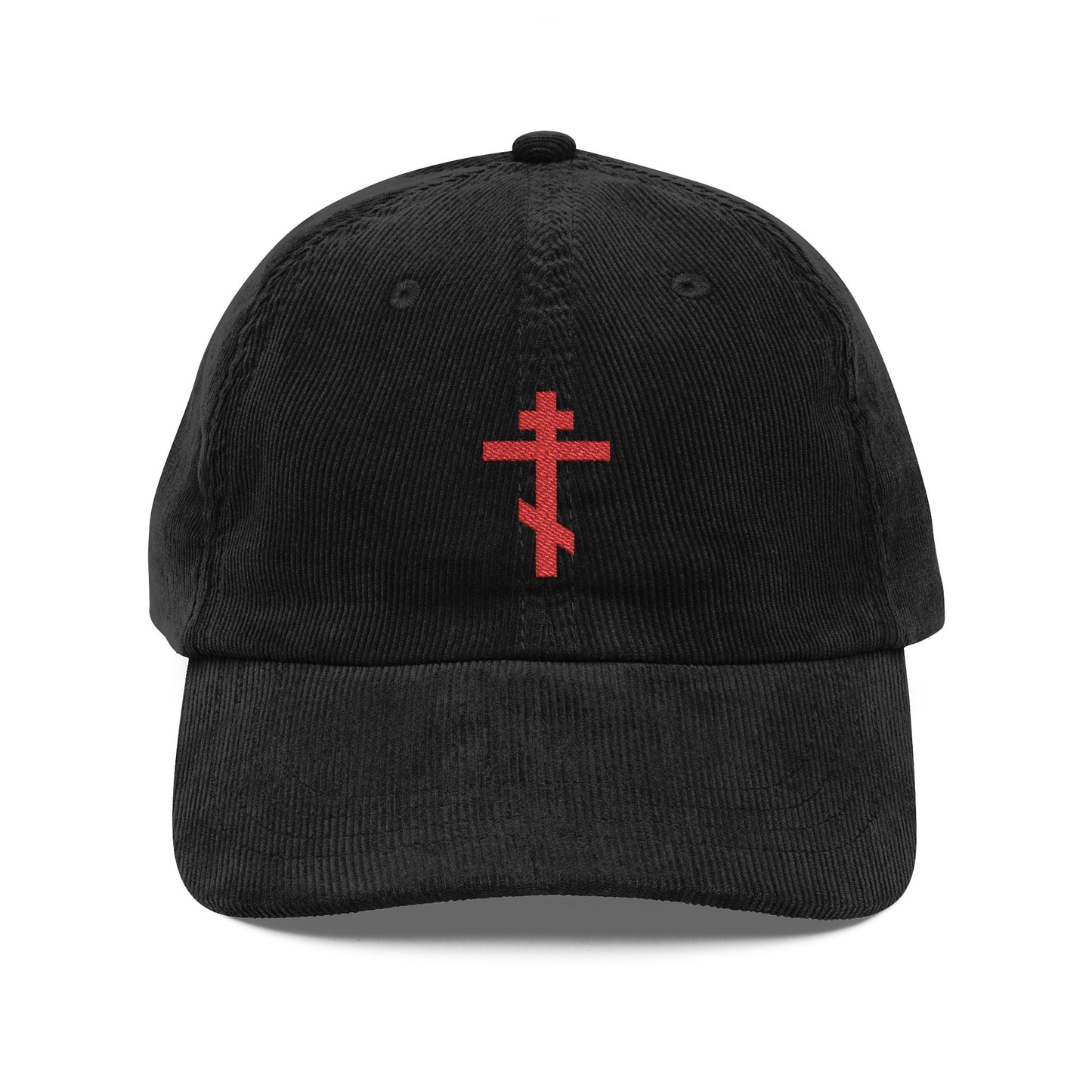 Simple Red Orthodox TriBar Cross | Weapon of Unseen Warfare Which Makes Demons Tremble | Orthodox Christian Embroidered Cotton Corduroy Cap
