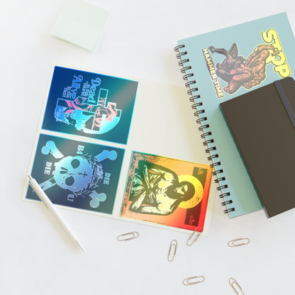 Open notebook with Random Mix No. 1 Four Sticker Sheet | Jesus Christ Iconographic | Orthodox Stickers on a desk.