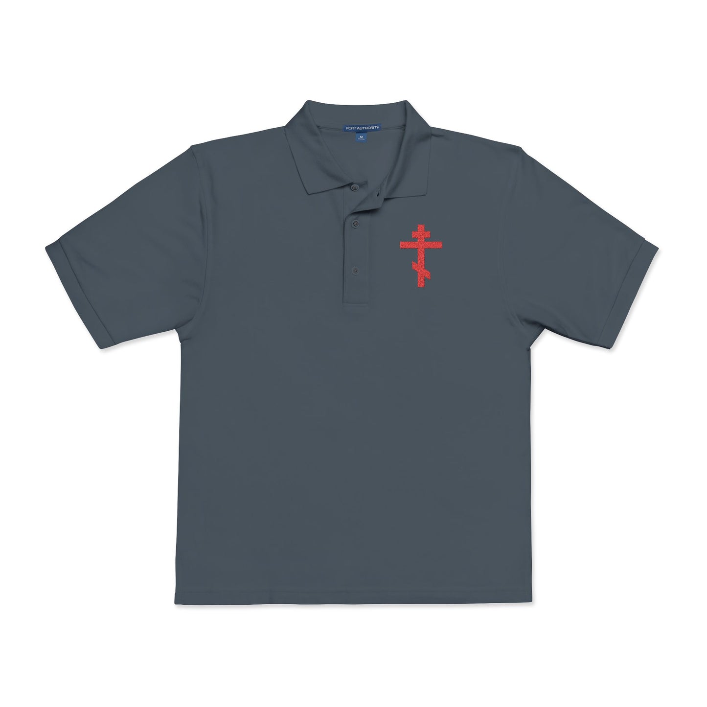 Embroidered Red Orthodox Cross | "May I never boast, except in the cross of our Lord Jesus Christ" (Gal 6:14) | Christian Polo Shirt