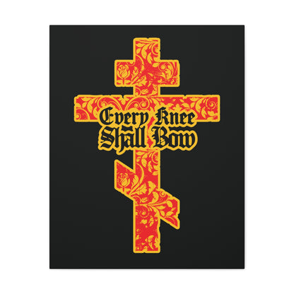 A gold and red floral Orthodox cross wall art with gothic "Every Knee Shall Bow" text, inspired by Isaiah 45:22-24 and Phil 2:7-11, honoring Jesus Christ.