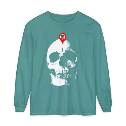 Seafoam long-sleeve featuring a white skull with a red map marker and "You Are Here" text, inspired by St. Ignatius Brianchaninov’s reminder of mortality. "What You Are I Once Was" memento mori Orthodox design.