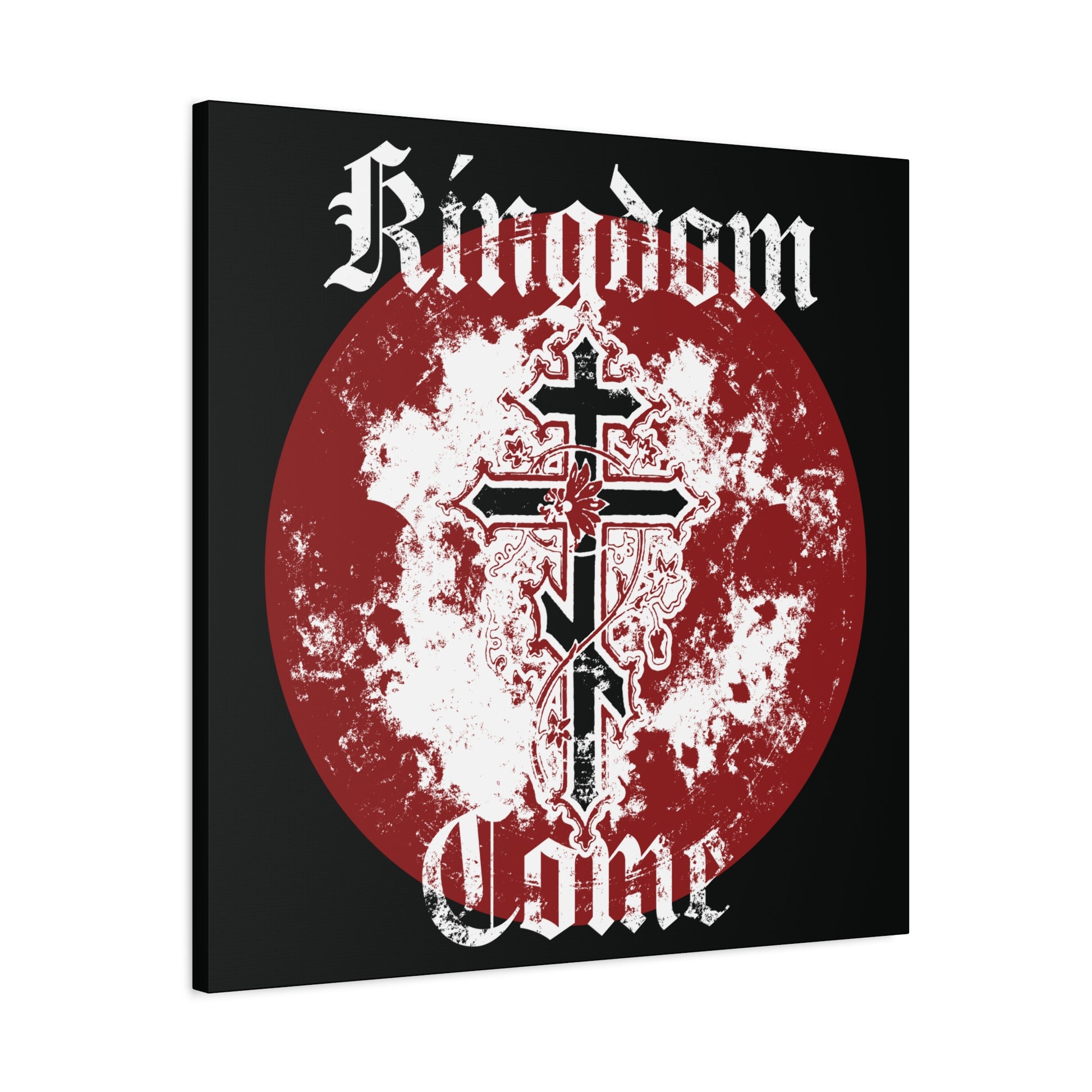 Kingdom Come | Lord's Prayer Orthodox Canvas: Features an ornate cross with vine over a distressed red circle and white gothic text—symbolizing hope and renewal through the Holy Spirit. Orthodox Christian wall art.
