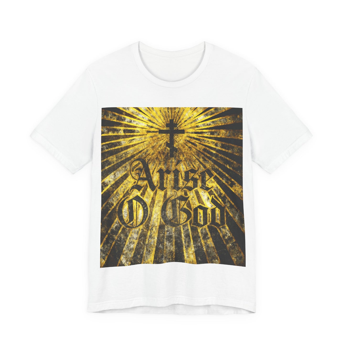 White Orthodox Christian t-shirt with a textured Gothic "Arise O God" design, Orthodox cross, and golden rays, inspired by Psalm 81 (82 LXX) and the Divine Council worldview.