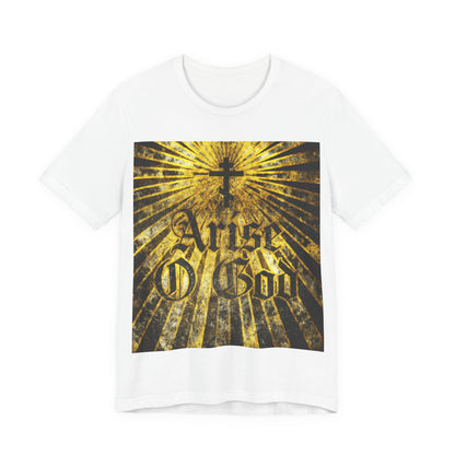 White Orthodox Christian t-shirt with a textured Gothic "Arise O God" design, Orthodox cross, and golden rays, inspired by Psalm 81 (82 LXX) and the Divine Council worldview.