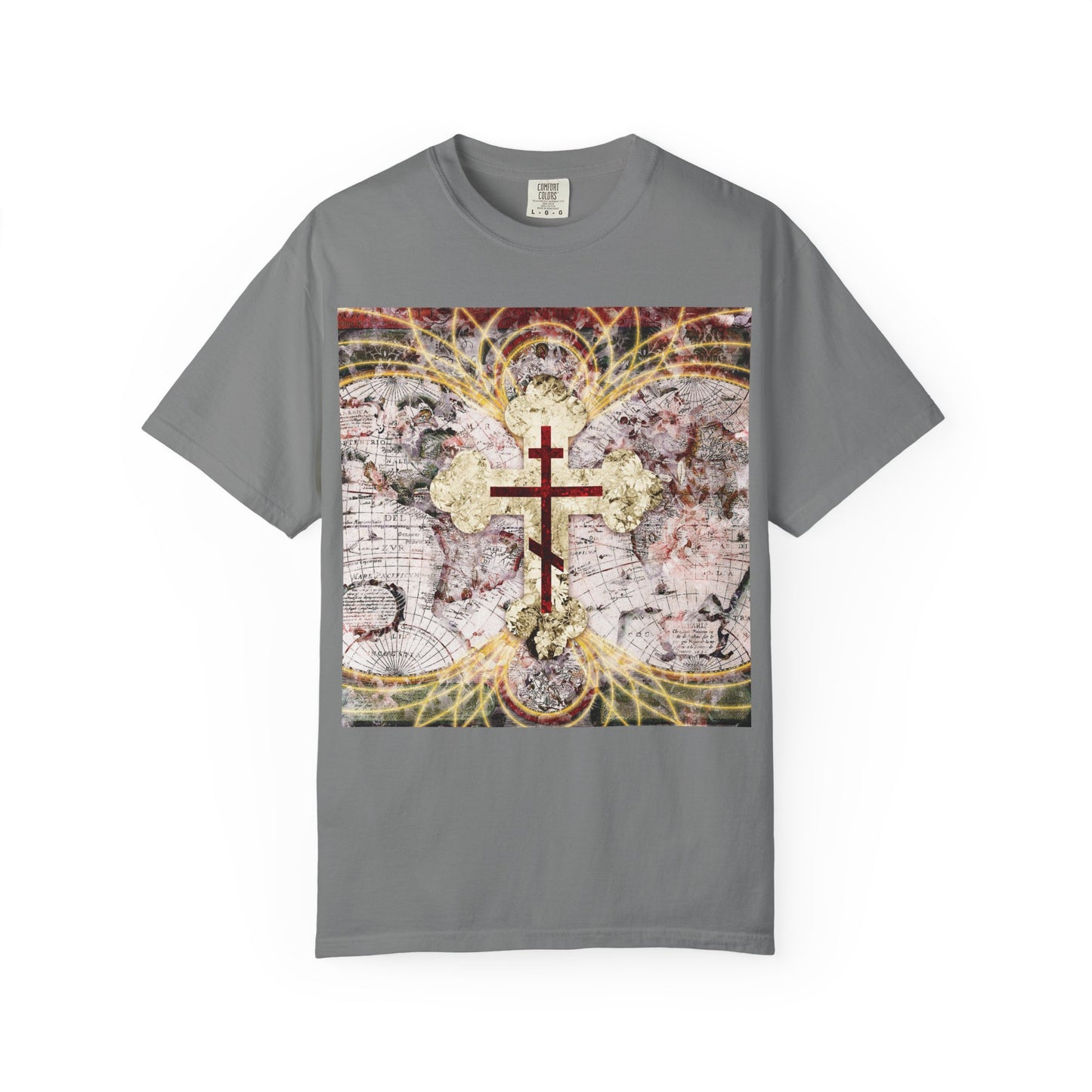 Grey heavyweight cotton unisex tee featuring a red Orthodox Cross on an antique map with glowing magnetic lines, inspired by Revelation 1:18—the Conqueror of Death—offering a subtle nod to this powerful Bible verse.