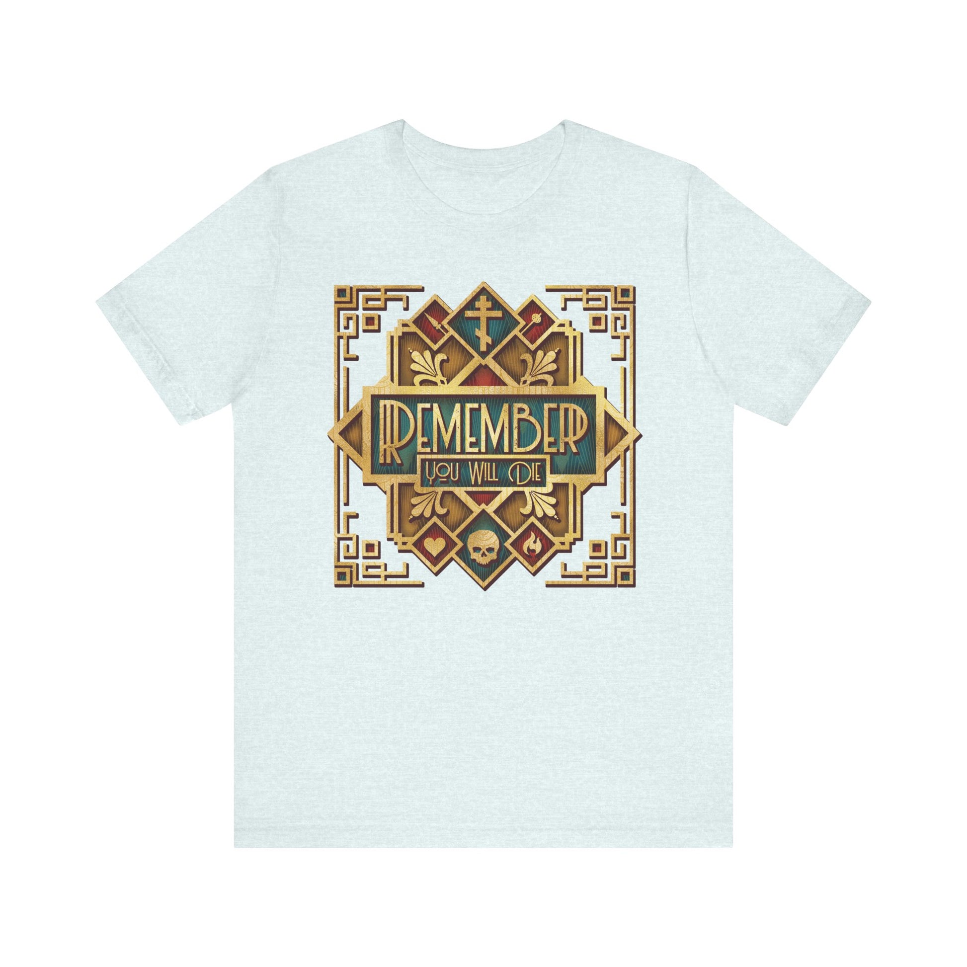 Heather ice blue lightweight cotton unisex t-shirt featuring a classic metallic art deco pattern and the central text: Remember You Will Die, inspired by Elder Ephraim’s wisdom on eternal life from The Art of Salvation.