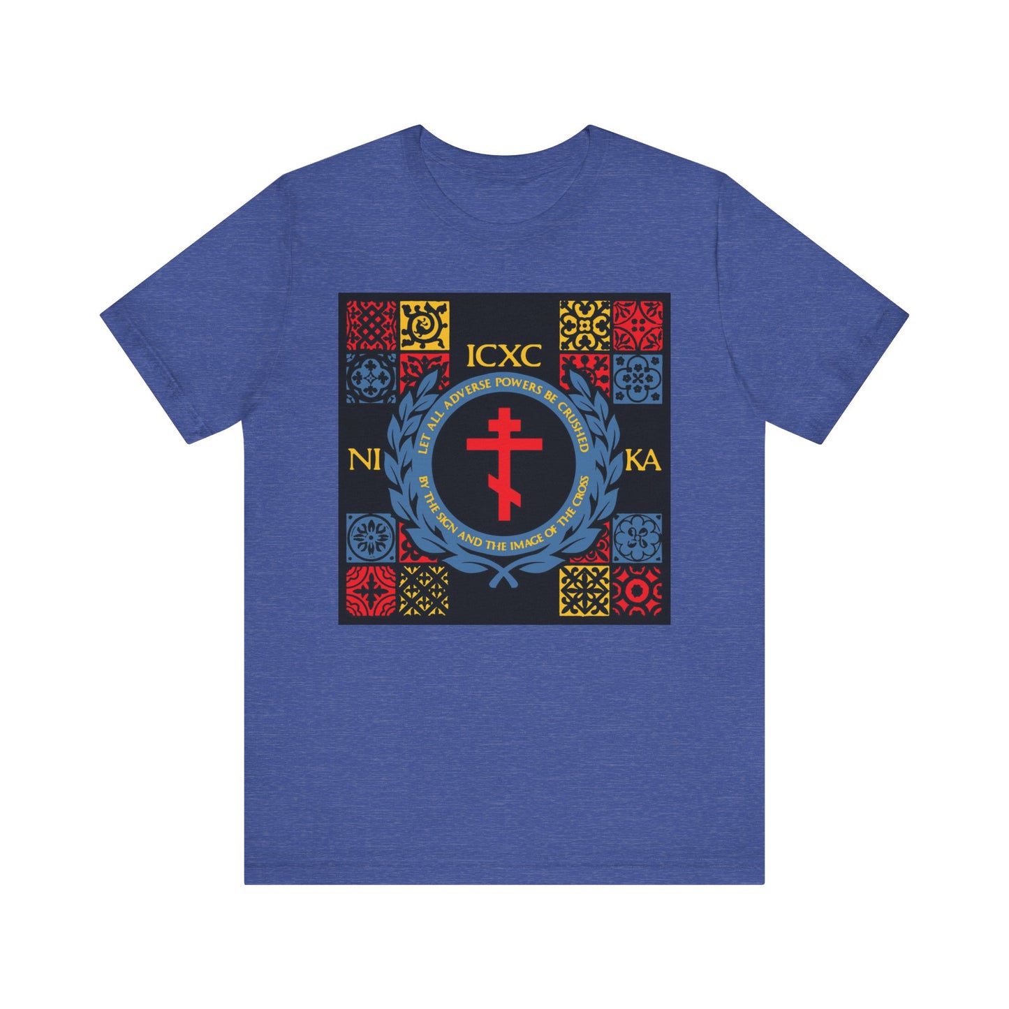Heather True Royal t-shirt featuring a medieval tile design with ICXC NIKA, red, yellow, and blue accents. Inspired by the Katavasia of the Cross and Moses parting the Red Sea. Lightweight unisex cotton.