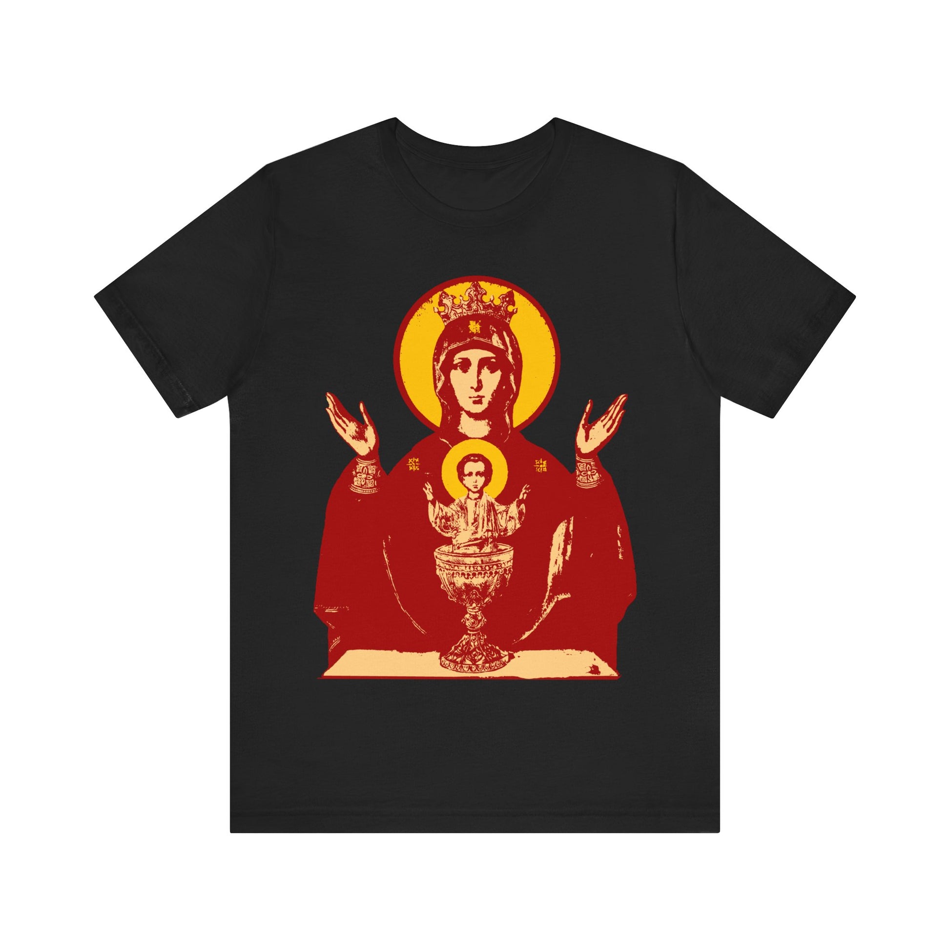 Black t-shirt featuring the Holy Theotokos IconoGraphic of the Inexhaustible Chalice—Deliverer from Addictions and Conqueror of Passions. Orthodox Christian design.