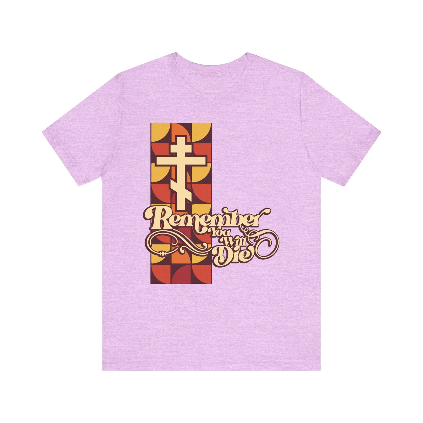 Heather Prism Lilac "Remember You Will Die RYWD 70's Design" T-shirt—a lightweight cotton unisex tee featuring a cross, geometric background, and stylized beige, red, and yellow text inspired by the somber themes of Stichera for the Dead sung during Friday Vespers in the Orthodox Christian Triodion.
