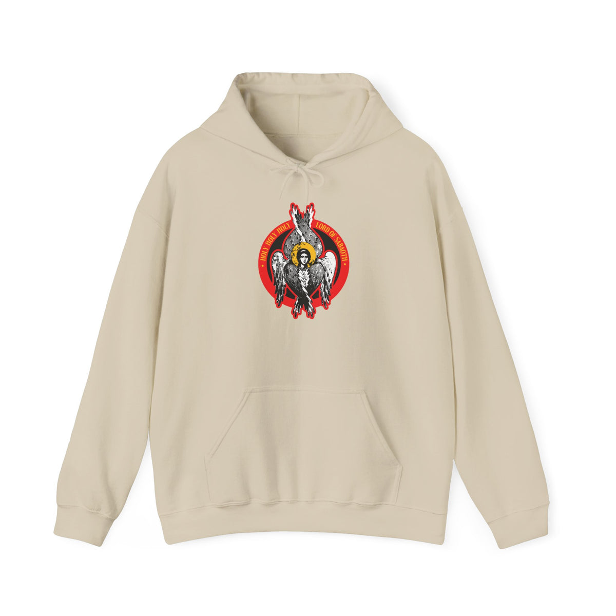 Sand-colored “Holy Holy Holy, Lord of Sabaoth” Orthodox Christian hoodie featuring a vibrant graphic inspired by Isaiah 6, with a seraphim—depicted as a winged figure inside a red circle—on the front.