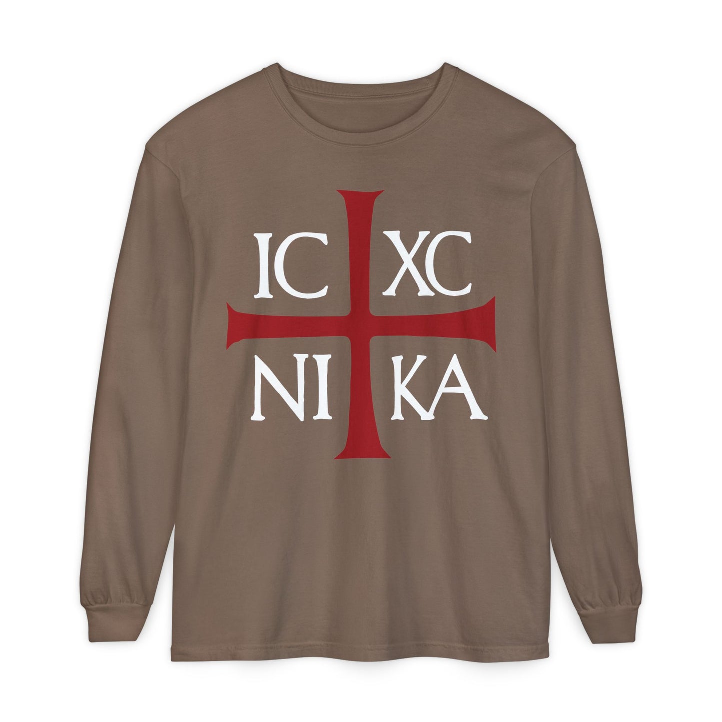 Espresso cotton long-sleeve featuring a red cross and white IC XC NI KA—an ancient Byzantine Christogram meaning “Jesus Christ Conquers”—celebrating the love of Christ, inspired by Romans 8:31-39.
