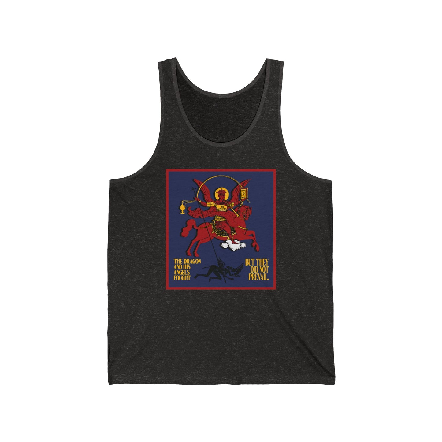 Archangel Michael of the Apocalypse IconoGraphic (Revelation 12:7-8) | Red Angel and Horse on Blue Background | Orthodox Christian Jersey Tank Top / Sleeveless Shirt