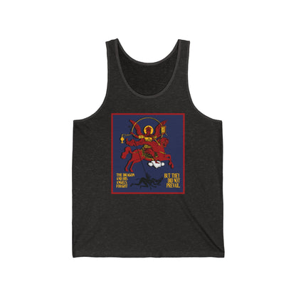Archangel Michael of the Apocalypse IconoGraphic (Revelation 12:7-8) | Red Angel and Horse on Blue Background | Orthodox Christian Jersey Tank Top / Sleeveless Shirt