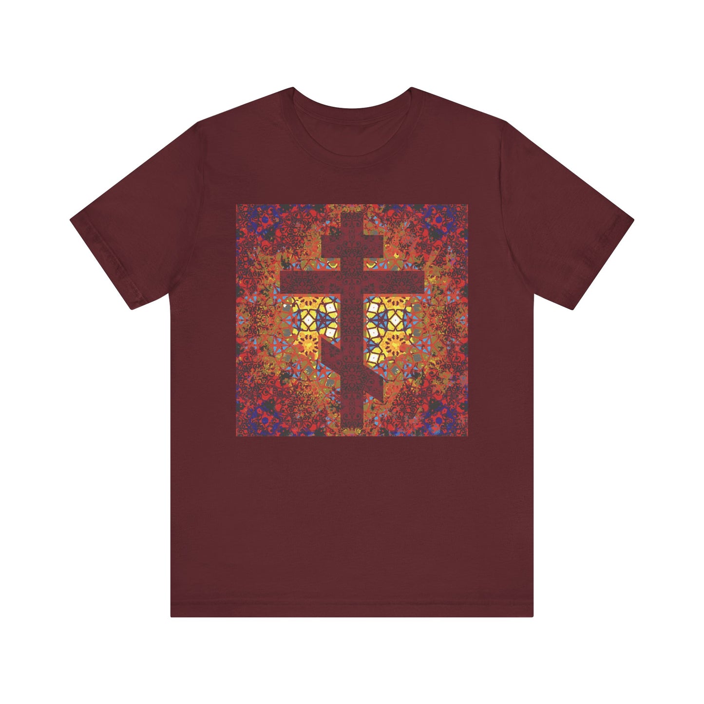 Maroon "Geometrical Pattern Stained Glass Orthodox Cross Design" t-shirt showcasing a bold Orthodox cross and inspirational quote motif, set against a vibrant, warm-toned stained glass pattern—crafted in lightweight cotton for a comfortable unisex fit.