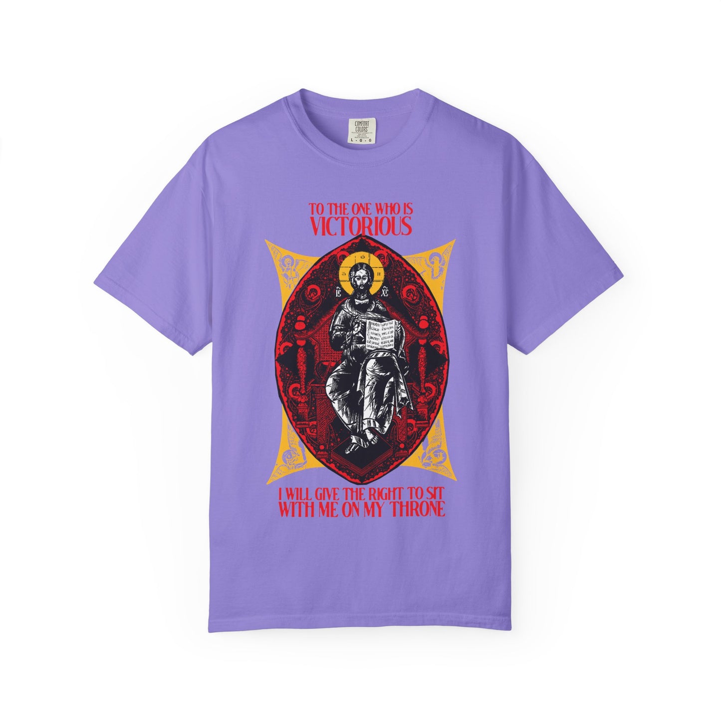 Violet tee: “Christ is King, Enthroned In Glory IconoGraphic | To the One Who Is Victorious (Rev 3:21).” Orthodox Christian heavyweight unisex cotton shirt featuring religious art and scriptural promise to reign with Christ.