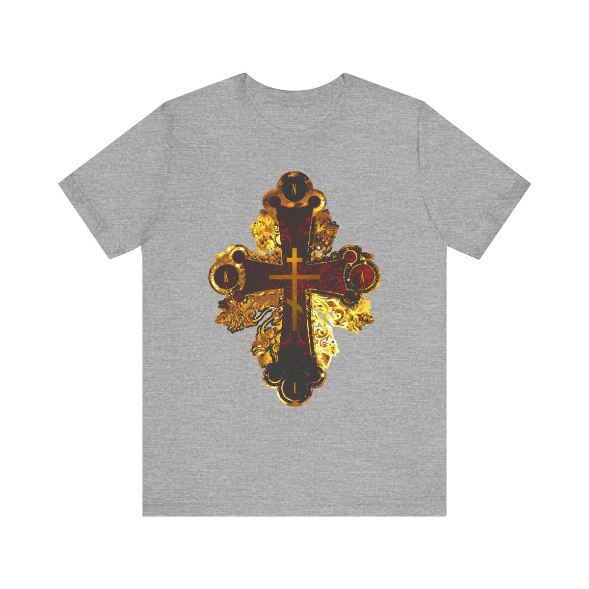 Athletic Heather t-shirt featuring a large, ornate red and gold Orthodox NIKA Cross design centered on the front in a metallic style, inspired by the Sessional Hymn from Tone 3 Tuesday Matins.