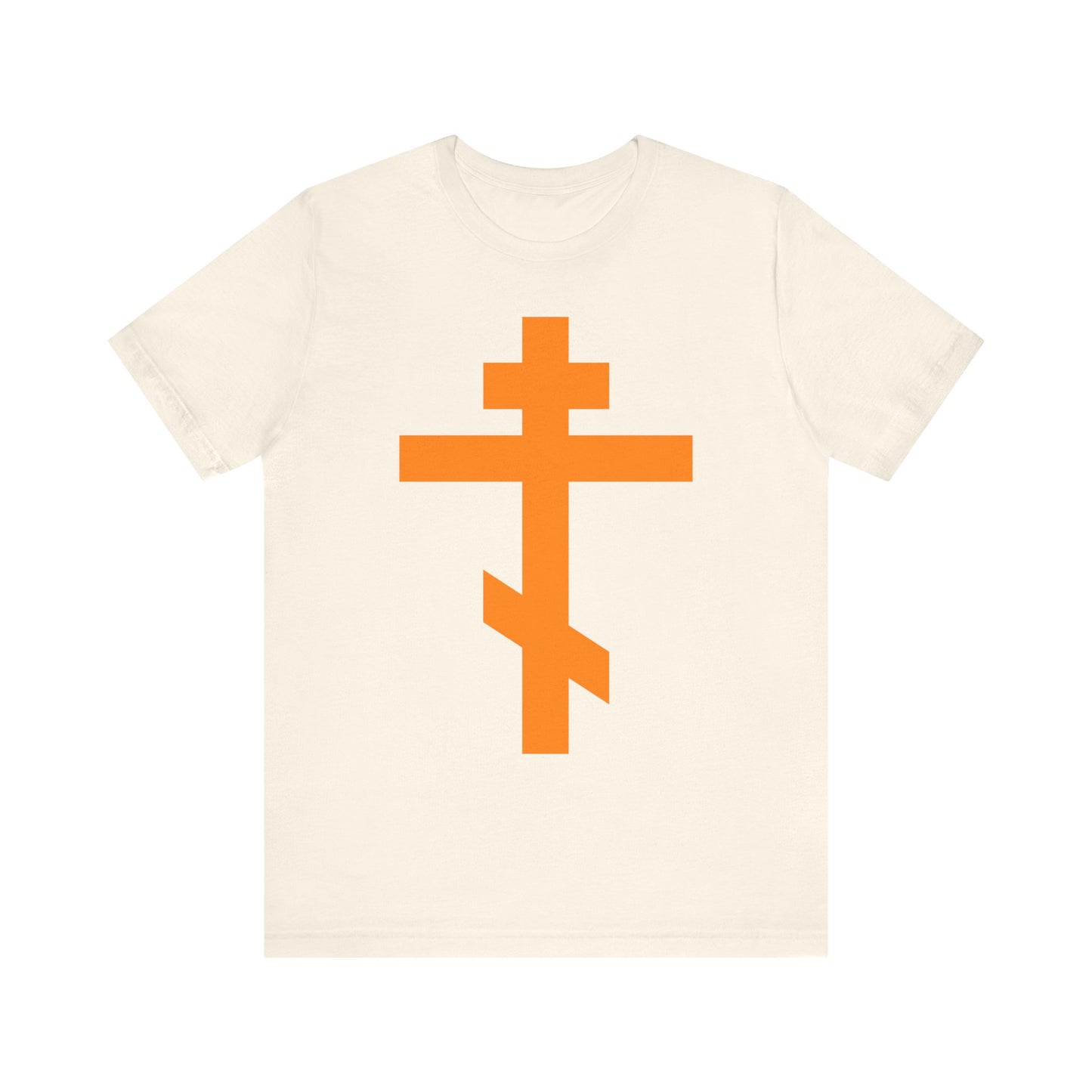 Natural-colored "Orange Orthodox Tribar Cross" lightweight cotton unisex tee, featuring a large orange Eastern Orthodox tribar cross inspired by the Troparion "Preserve Thy People By Thy Cross, O Lord," and honoring St. John of Kronstadt.