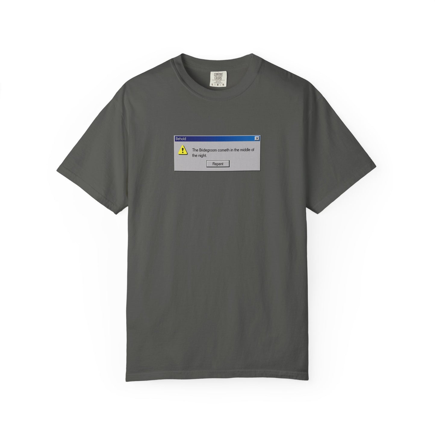 Pepper-colored heavyweight cotton unisex t-shirt featuring a “Behold the Bridegroom” Windows error message design with the phrase “Repent Now,” a clever nod to moments of confession and self-reflection, inspired by themes found in Orthodox Christian Bridegroom Matins.