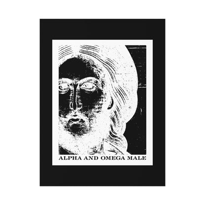 High-contrast, stylized male face with "Alpha & Omega Male" text below on black and white, inspired by the Jesus Christ Icono-Graphic Photonegative poster: "I am the Beginning & the End (Rev 22)" Orthodox Christian art.