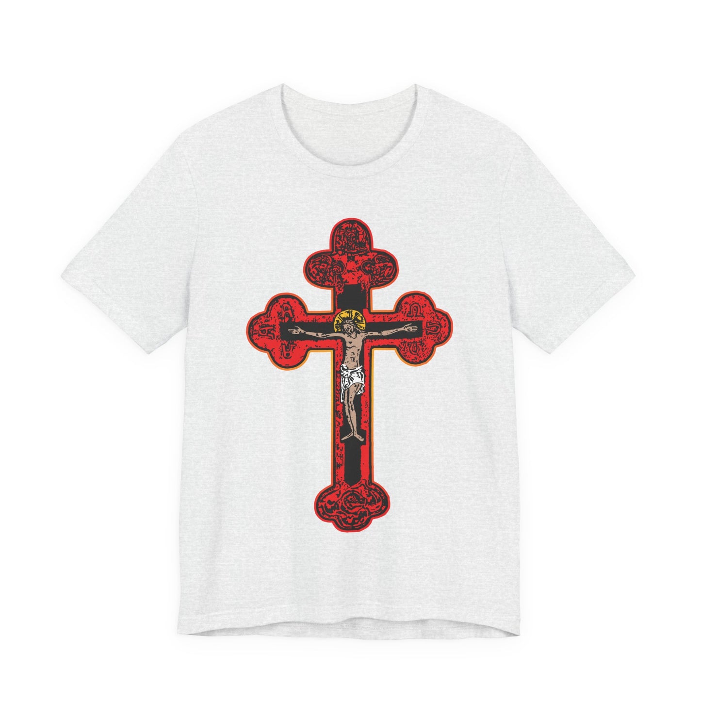 Ash unisex cotton tee featuring a red Byzantine Golgotha Cross with gold and white Christ figure. Red Orthodox Christian Crucifix design reflects the message: by His stripes we are healed.