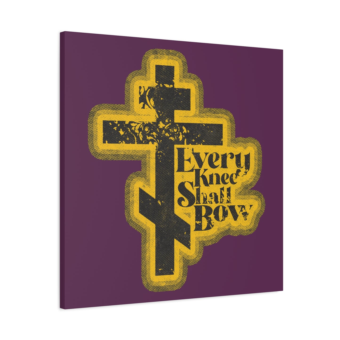 Every Knee Shall Bow" Christian Wall Art features a 70s distressed halftone comic book style, referencing Philippians 2:10-11 and Isaiah 45:23, with bold text and vibrant purple-yellow accents declaring Jesus Christ is Lord.