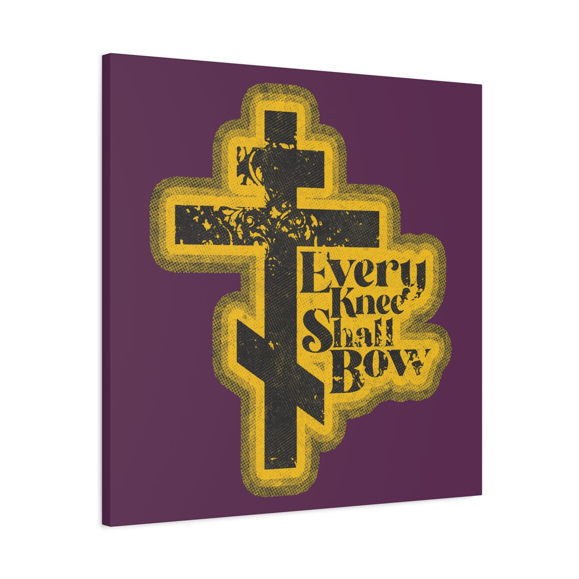 Every Knee Shall Bow" Christian Wall Art features a 70s distressed halftone comic book style, referencing Philippians 2:10-11 and Isaiah 45:23, with bold text and vibrant purple-yellow accents declaring Jesus Christ is Lord.