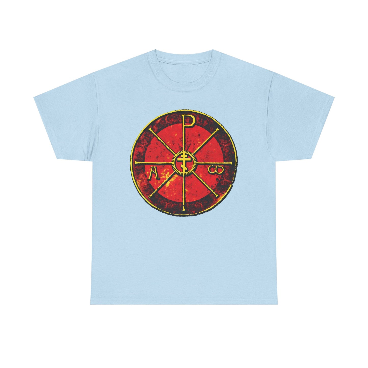 Light blue Alpha & Omega Chi Rho Orthodox Cross t-shirt, inspired by the ancient Christogram of Saint Ambrose at Milan Cathedral, featuring a round red and yellow shield design with Greek letters at the center.