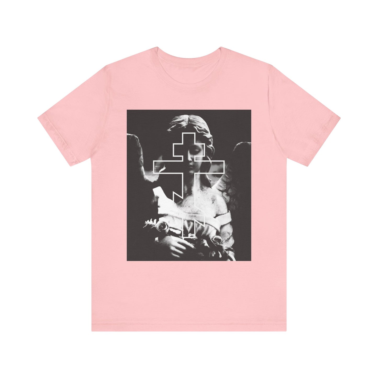 The pink Cemetery Angel Orthodox Cross tee features a grayscale angel graphic and bold cross overlay—a striking, lightweight unisex shirt with goth aesthetic and "Memento Mori" theme for any devout soul.