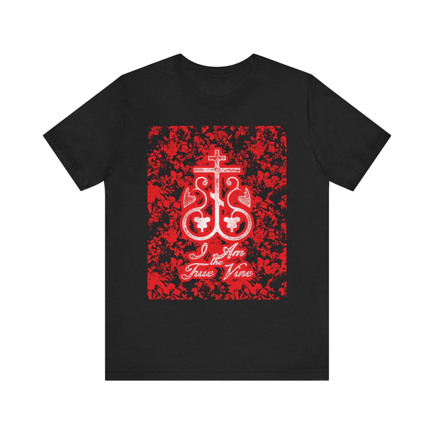 The I Am the True Vine (John 15:1) Orthodox lightweight cotton unisex tee in black features a red and black floral cross monogram, symbolizing faith and connection, inspired by John 15:1—stay rooted and bear fruit.