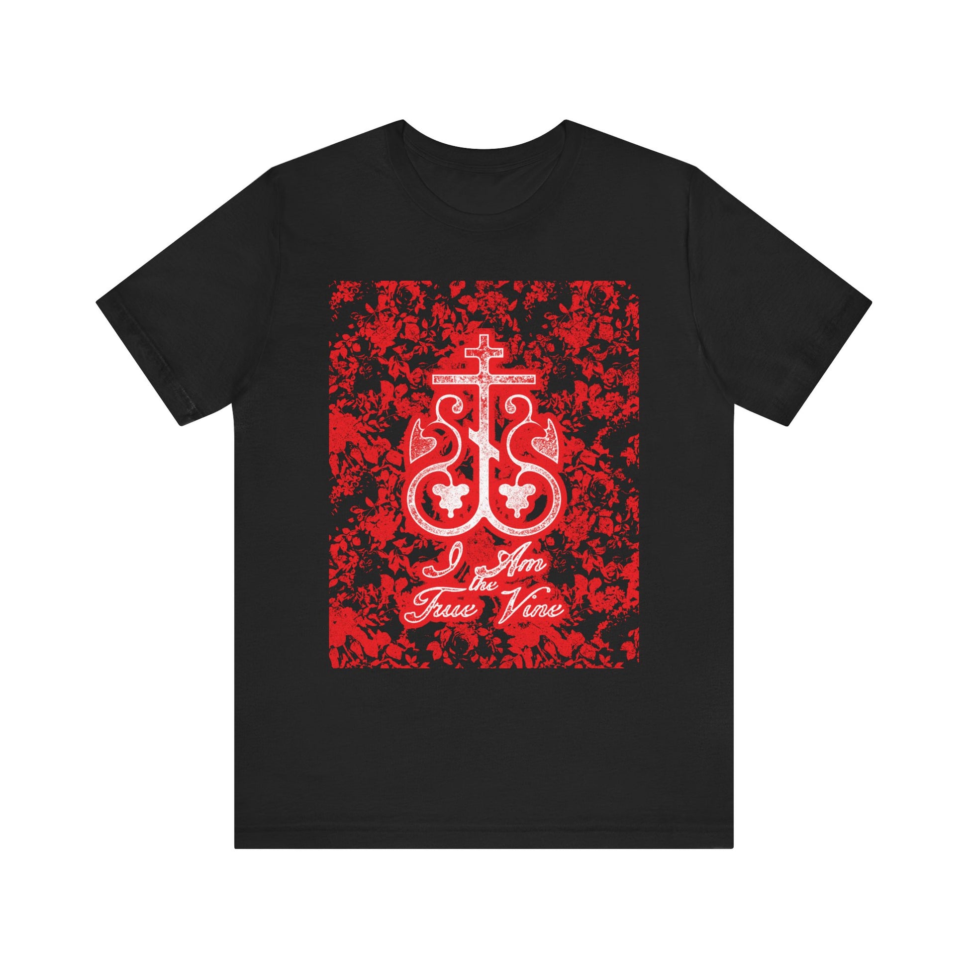 The I Am the True Vine (John 15:1) Orthodox lightweight cotton unisex tee in black features a red and black floral cross monogram, symbolizing faith and connection, inspired by John 15:1—stay rooted and bear fruit.