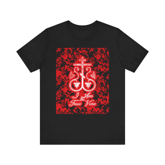 The I Am the True Vine (John 15:1) Orthodox lightweight cotton unisex tee in black features a red and black floral cross monogram, symbolizing faith and connection, inspired by John 15:1—stay rooted and bear fruit.