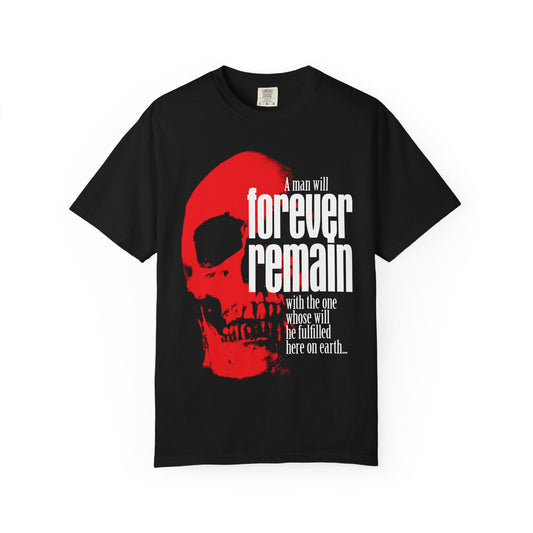 Black heavyweight cotton unisex t-shirt featuring a bold red skull and the message “A man will forever remain with the one whose will he fulfilled. Cannot serve two masters.”.