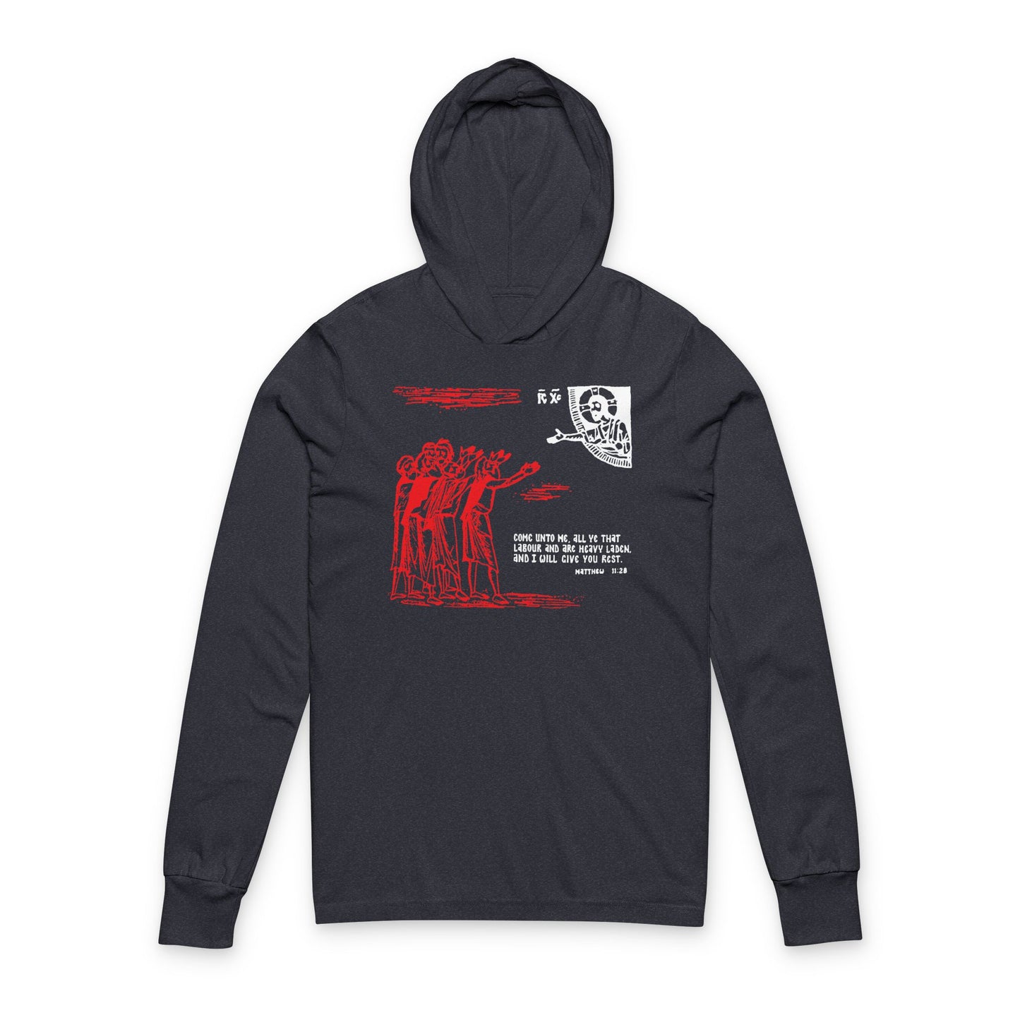 A heather navy hooded long sleeve shirt featuring an icono-graphic design inspired by Matt. 11:28, "Come Unto Me All Ye That Labour & Are Heavy Laden," subtly reflecting elevated spiritual themes.