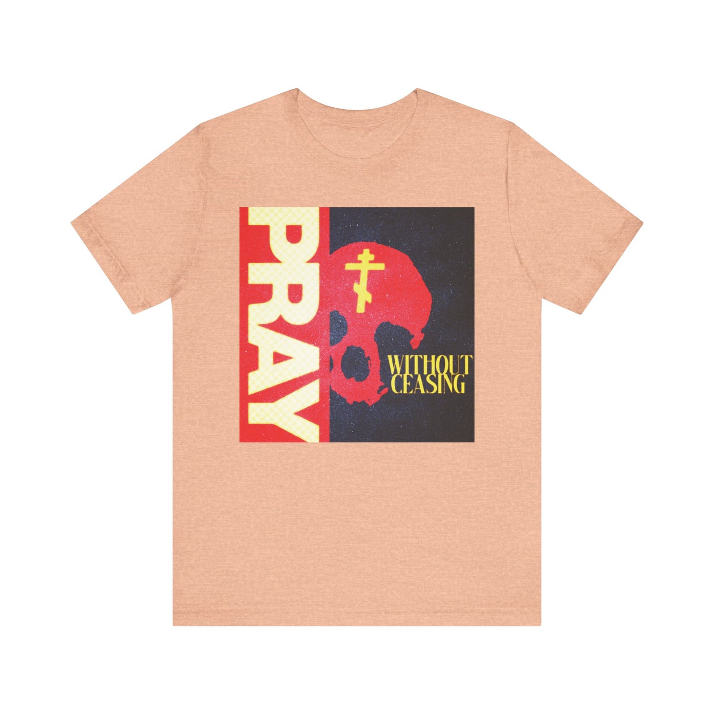 Pray Without Ceasing (1 Thess 5:16) | Red Skull w/ Yellow Orthodox Cross | Christian Lightweight Cotton Unisex T-Shirt