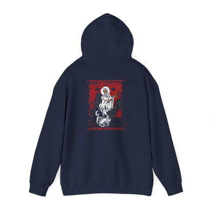 Back of a Blood of Martyrs is Seed of the Church hoodie showing St. Ignatius with lions and red-white text.