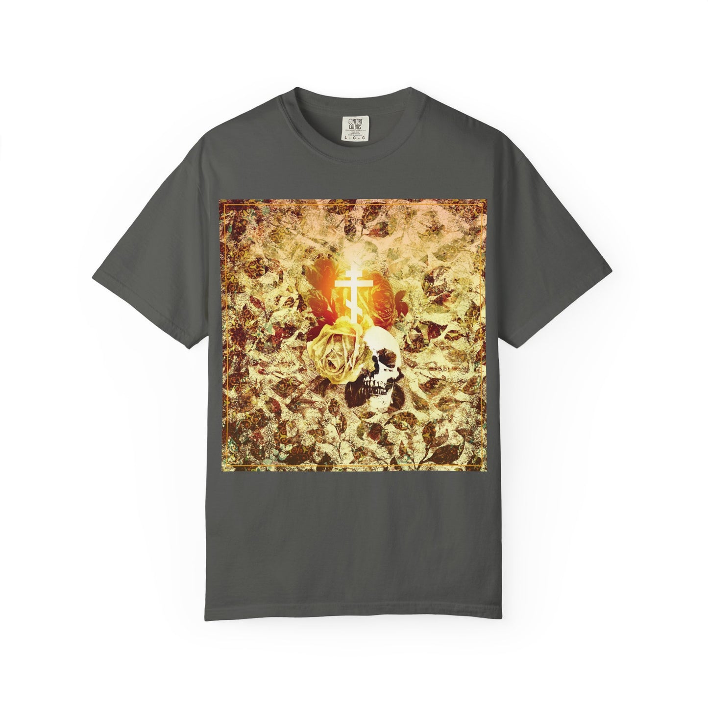 Pepper-colored heavyweight cotton unisex tee featuring a graphic of a glowing Orthodox cross, rose, and skull surrounded by gold leaves on the front, inspired by the Ezekiel prophecy of the valley of dry bones, in a gothic Christian aesthetic with a floral texture.