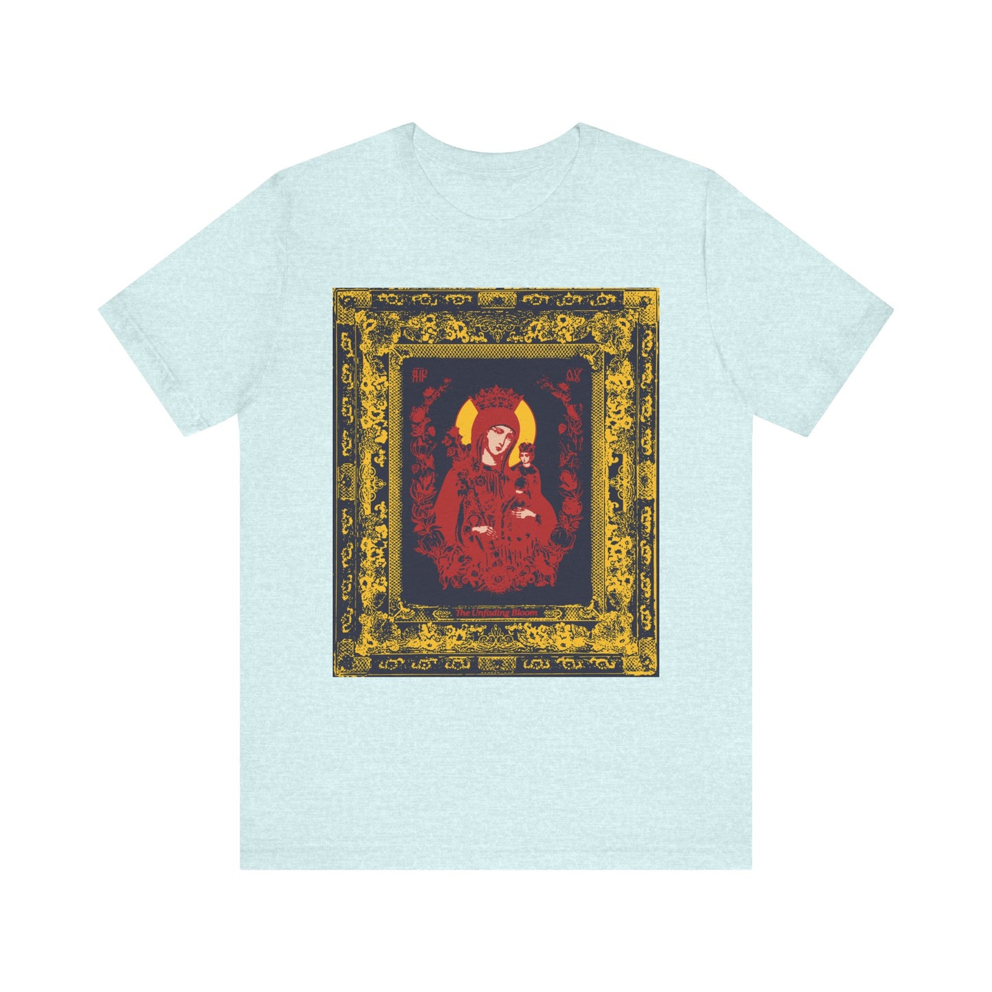 Heather Prism Ice Blue lightweight cotton unisex tee featuring the "Unfading Bloom Ornate Theotokos Iconographic" design—a framed, ornate red and gold illustration of Mary, the Mother of God crowned at the center, inspired by Orthodox Christian iconography.
