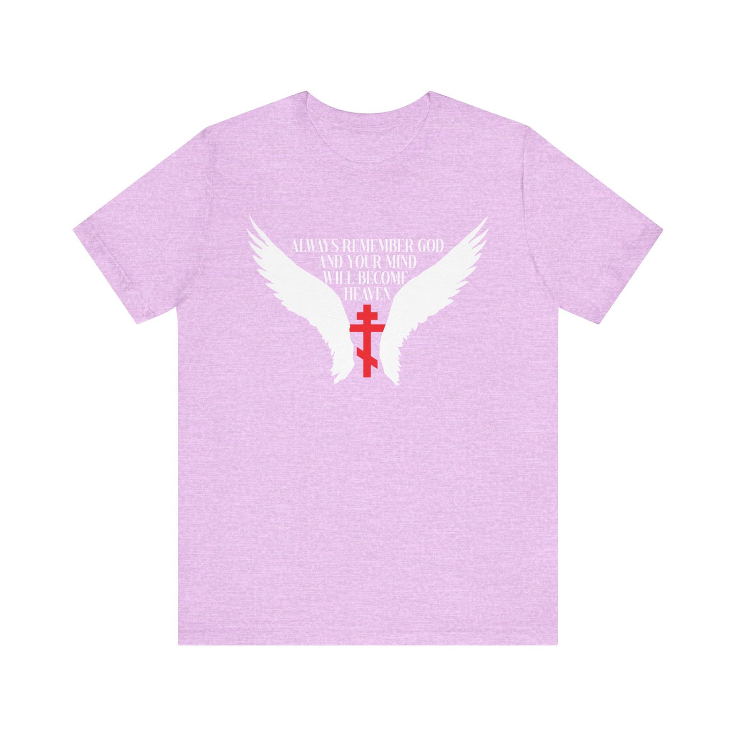 Heather Prism Lilac tee with angel wings, red Orthodox cross, and white inspirational text on the chest: "Always Remember God and Your Mind Will Become Heaven." Lightweight cotton unisex shirt inspired by St Neilos the Ascetic.