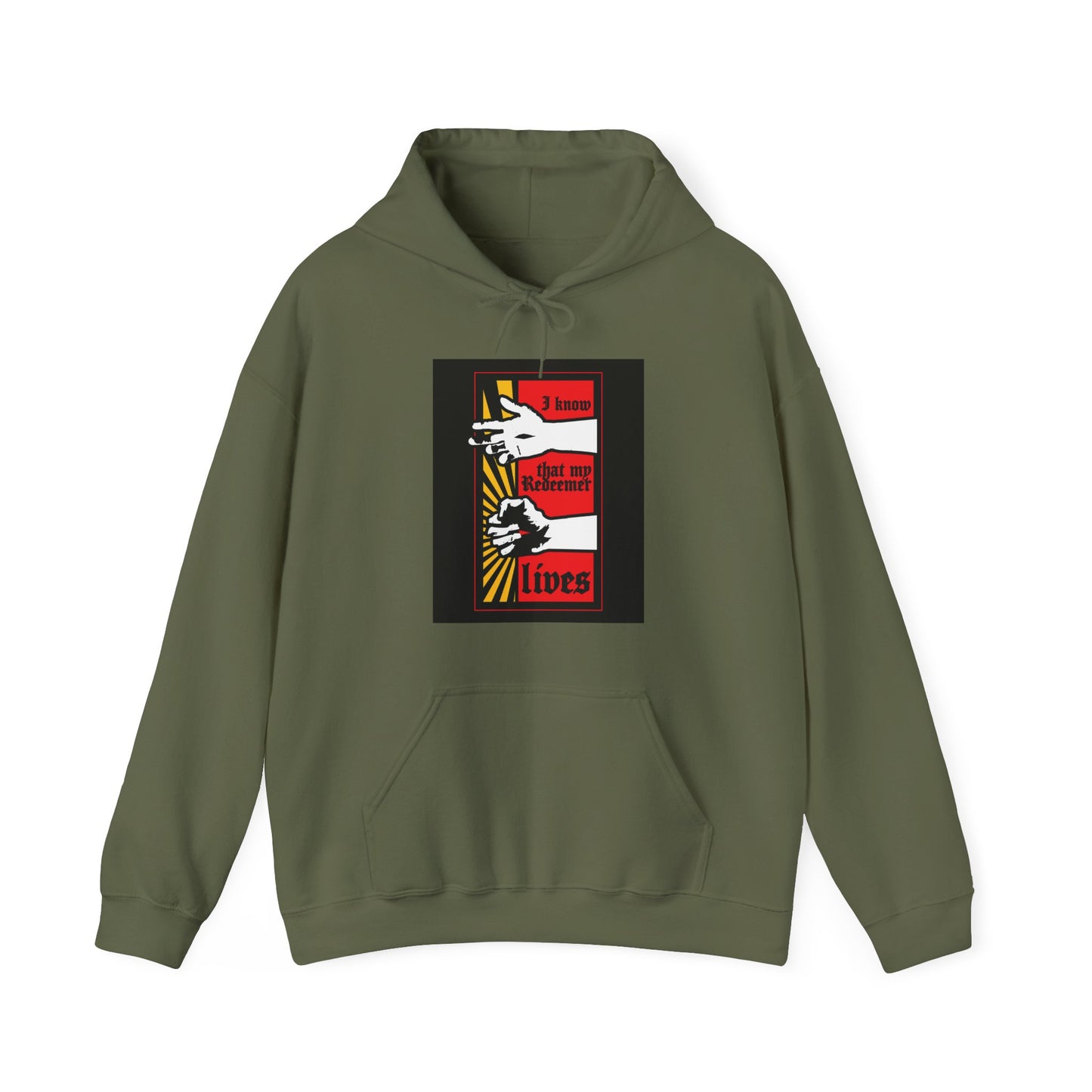 Military green hoodie featuring a comic book style design: "I Know That My Redeemer Lives (Job 19:25)" with a resurrected Jesus fist radiating divine power. Orthodox Christian wear.
