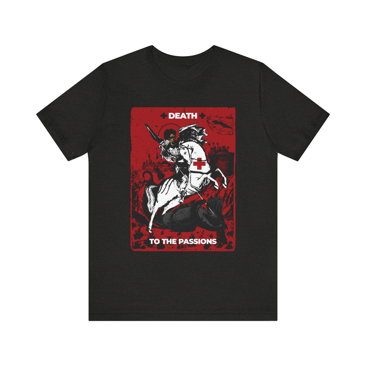 Celebrate spiritual struggle with the St George Slaying the Dragon | Death to the Passions | Unseen Warfare | Ascetic Orthodox Christianity Lightweight Cotton Unisex T-Shirt in Black Heather. Featuring a striking image of St George defeating the dragon against a vivid red background, and emblazoned with “Death to the Passions,” this bold design reminds you to fight your passions, overcome harmful desires, and examine your heart in every spiritual battle.